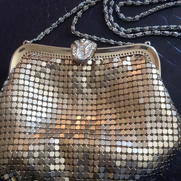 1950s Mesh Gold-tone Metal Evening Bag Rhinestone Clasp, Vintage - Picture 1 of 15